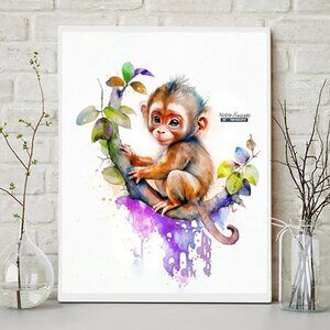 11x14 Monkey Chimpanzee Watercolor Nursery Room Wall Art Oil Painting Print‎